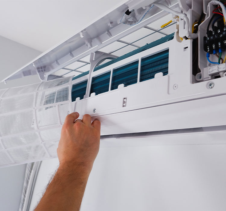 Downloaded Air conditioner repair and maintenance. The engineer of the service organization carries out maintenance of the indoor unit of the air conditioner. Cleaning the filters. Ventilation repair.